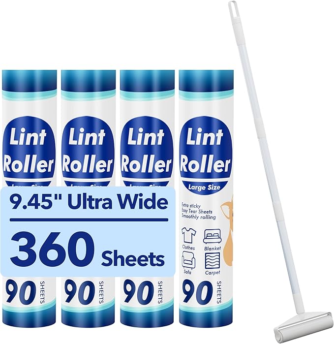 Large Lint Rollers for Carpet, 9.45'' Sticky Rollers for Floor with 360 Sheets, Extendable Long Handle Sticky Mop for Cleaning Couch, Curtains, Cars, Clothing, and Pet Hair