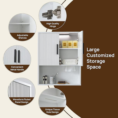Modern Fluted Bathroom Wall Cabinet with Motion Sensor LED Light, White Over The Toilet Storage with Tissue Dispenser, Soft-Close Hanging Medicine Cabinet with Adjustable Shelves & Open Rack