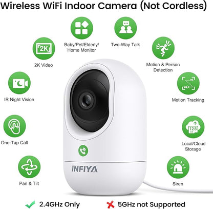 INFIYA 360 Cameras for Home Security-Indoor Camera Monitoring Baby/Nanny with 2K High Resolution & One-Tap Call, 24-7 Local Storage, Compatible with Alexa/Google Home, K7 4Pack (2.4GHz Wi-Fi Only)