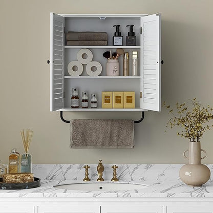 Bathroom Storage Cabinet with Adjustable Wood Shelves & Doors, Made of PDF Wood, Wall Mounted with Towels Bar, Over The Toilet Storage Cabinet for Kitchen & Living Room & Laundry Room-White