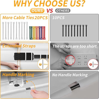 SUREUP9 No Drill Under Desk Cable Management Tray, 28" Cord Organizer with Clamp, Fabric Cable Management for Standing Desks, Ideal for Home & Office - White