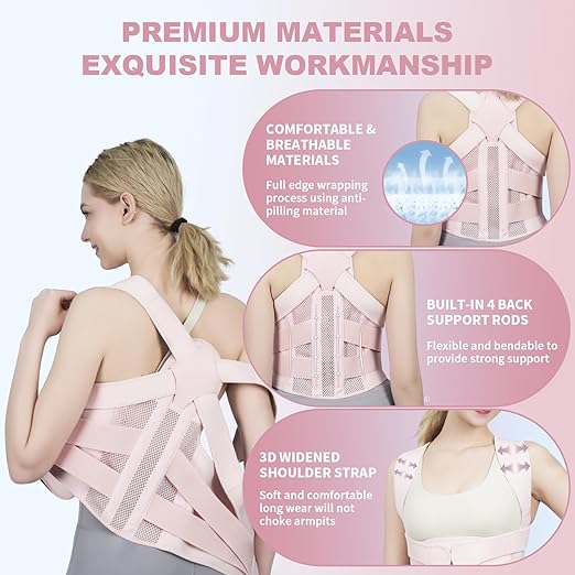 Posture Corrector for Women and Men Upgraded Back Brace, Adjustable Back Support for Upper and Lower Back Pain Relief, Shoulder Straightener for Hunchback, Scoliosis, Lumbar, Spine (Pink, Medium)
