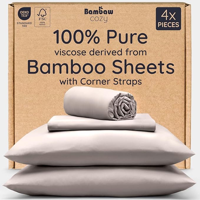 Bambaw 100% Viscose Derived from Bamboo Sheets Queen Size Set – 4pcs Cooling Sheets for Hot Sleepers, Soft Deep Pocket Queen Sheet Set Fits Up to 16'' with Elastic Corner Straps (Sand)