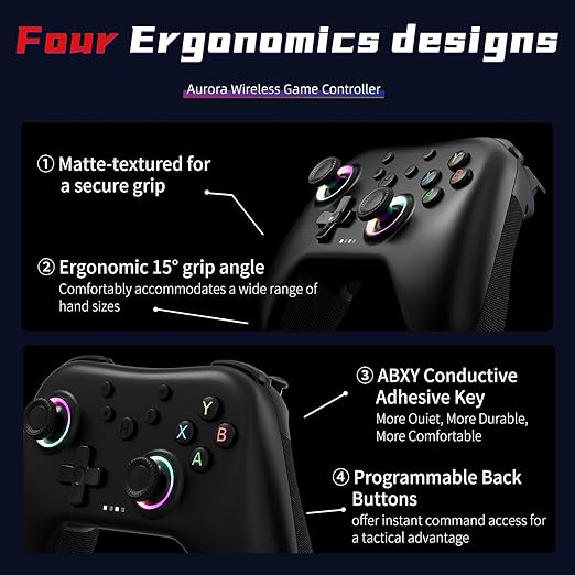 AceGamer Aurora II 2.4G Wireless Bluetooth Controller for PC/Android/Switch/iOS/Switch 2/Steam Deck with Rotary Motors, RGB Hall Effect Joysticks - Upgraded PC Gaming Controller and Back Buttons Lock