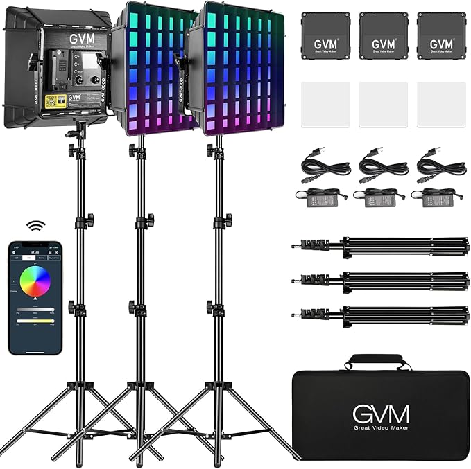 GVM 800D RGB Photography Lighting Kits with 3 Softboxes, 3 Packs Studio Lights with Bluetooth Control, YouTube Video Light with Upgrade18 Lighting Scenes, led Panel Lights for Video Recording