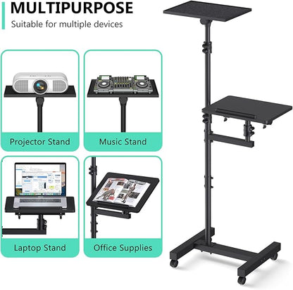 Projector Stand Tripod: 2 Shelves Mobile Laptop Cart Adjustable Height 45 to 64 Inches, Rolling Laptop Stand Cart with Ventilated Tray, Projector Tripod Stand on Wheels for Couch, Bedside, Meeting