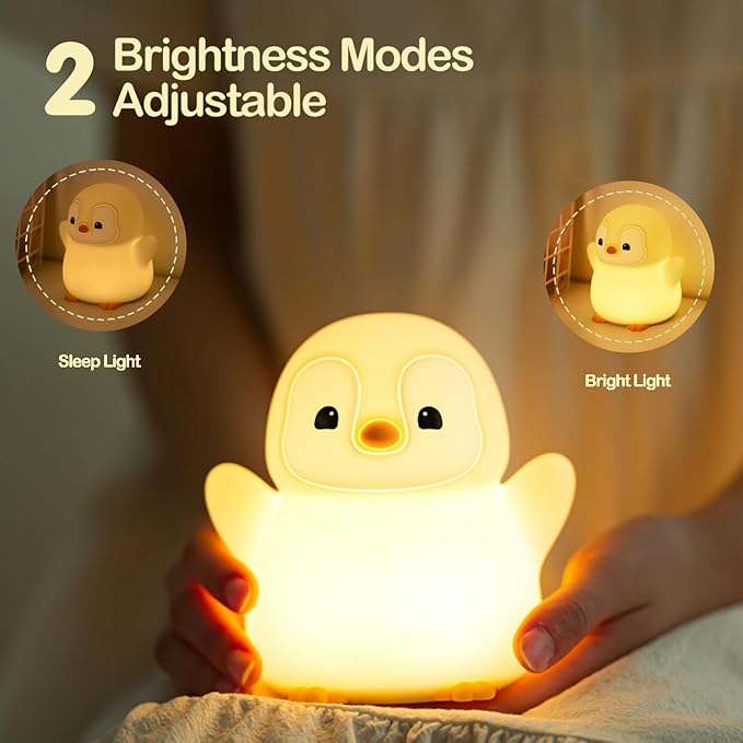 ATSUI Happy Penguin Night Light, LED Squishy Novelty Animal Lamp, Food Grade Silicone, 2 Level Dimmable, Nursery Nightlight for Desk Decor, Funny Gifts Stuff for Boys Girls Baby, White Elephant Gifts