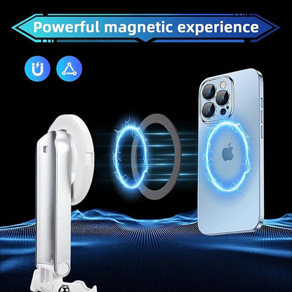 MQOUNY for Magsafe Tripod Stand for iPhone,Portable Pocket Size Selfie Stick with Rechargeable Remote and Metal Ring,Extendable Detachable Cell Phone Tripod Compatible with iPhone/Android (White)