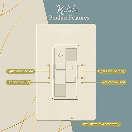 TOPGREENER Kalide Dual Load Dimmer Light Switch, Double LED Dimmer Switch, Full Range Dimming, Single Pole, 120VAC, 60Hz, 200W LED/CFL, Neutral Wire Not Required, TGDDS-LA, Light Almond