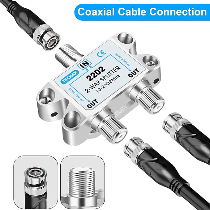 TKCHAX 2 Way Coaxial Cable Splitter,Support 10-2602MHz, RG6 Compatible, Nickel-Plated for Cable Splitter,Work with CATV, Satellite TV,Antenna System and MoCA Configurations
