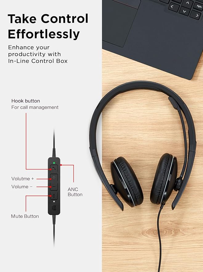 Lenovo Wired ANC Headset, USB-C and USB-A connectivity, Zoom Certified, Active Noise Cancellation, Hearing Protection, 145g Lightweight Comfortable Design, Replaceable Earcups, Business Headset