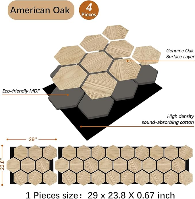 ARMURO Hexagon Wall Panels - 4 PCS Wood Panels for Wall - Natural Oak Wood Veneer Hexagon Sound Panels - Sound Absorbing Panels for Walls and Ceiling (23.8" W x 29" L)
