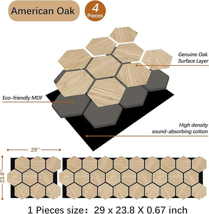 ARMURO Hexagon Wall Panels - 4 PCS Wood Panels for Wall - Natural Oak Wood Veneer Hexagon Sound Panels - Sound Absorbing Panels for Walls and Ceiling (23.8" W x 29" L)