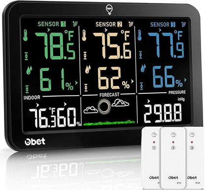 OBET Weather Station Wireless Indoor Outdoor Thermometer Wireless, Color Display Digital Temperature and Humidity Monitor with 3 Sensors, Alerts, Adjustable Backlight, USB Port (500 Feet)