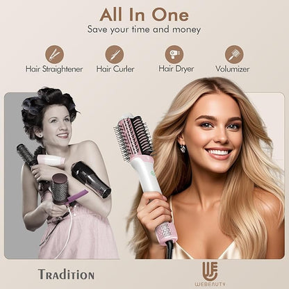 2-in-1 Blow Dryer Brush & Hair Straightener, Ionic & Ceramic Thermal Brush with Adjustable Heat & Cool Shot, 110000 RPM Motor High-Speed Motor for Frizz-Free, Smooth & Voluminous Hair, White with Comb