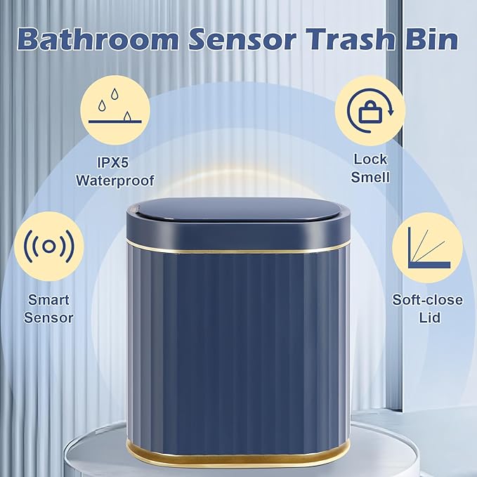 ELPHECO 2 Gallon Sensor Trash Can - 7.5L Waterproof Motion Sensor Trash Can, Automatic Bathroom Trash Bin, Slim Garbage Can, Bathroom, Office, Bedroom, Midnight Blue