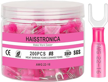 haisstronica 200PCS Heat Shrink Fork Spade Connectors #8 Waterproof Marine Grade Fork Terminal Connectors U-Type Red 22-16 Gauge