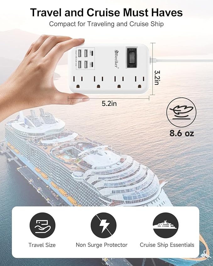 6 USB(2 USB C) Travel Power Strip- Flat Plug Extension Cord 3 Feet with 4.8A 24W USB Charging Station and 4 Outlets, 3 FT Short Extension Cord Portable for Travel Cruise Office College Dorm