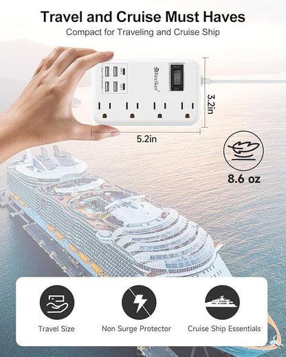 6 USB(2 USB C) Travel Power Strip- Flat Plug Extension Cord 3 Feet with 4.8A 24W USB Charging Station and 4 Outlets, 3 FT Short Extension Cord Portable for Travel Cruise Office College Dorm