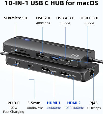 Selore Docking Station for MacBook Pro Air,10 in 1 Dual HDMI Adapter for Mac Pro Air,USB C Hub for MacBook Docking Station Dual Monitor with 2 HDMI,Ethernet,PD,USB C,2 USB A,SD/TF for M1 M2