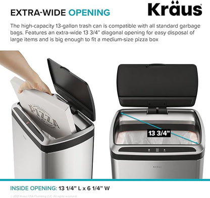Kraus GarbagePro Rectangular 13 Gallon Hands-Free Motion Sensor Trash Can Battery Operated in Matte Black Finish with SoftShut Touchless Lid, KTCS-10MB