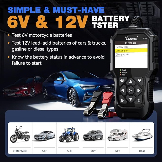 VDIAGTOOL BT300 Car Battery Tester 6V 12V, 5-3000 CCA Load Tester Starter Alternator Tester Automotive Charging Cranking System Tester for Motorcycle Car Truck SUV ATV Boat