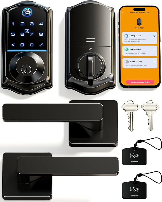 Veise VE017-B Fingerprint Smart Lock for Front Door, App Control, 7-in-1 Keyless Entry Deadbolt with 2 Zinc Alloy Lever Handles Set, Emergency Power Port, Auto Lock, Electronic Keypad, Black