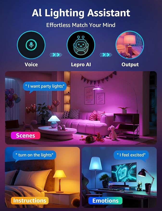 Lepro B3 AI Smart Light Bulbs - 1500LM 100W Equivalent A21 Bulb, WiFi & Bluetooth RGBWW Color Changing, Works with Alexa & Google Assistant, AI Voice Control by App, Music Sync, 2.4GHz Only (2 Pack)