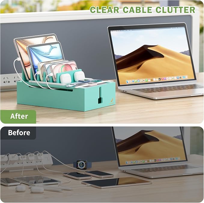 Pezin & Hulin Bamboo Charging Station, Electronic Devices Organizer for Multiple Devices Charger Such As Cell Phone, Tablet, Watch and More, Teal, (No USB Charger and Cables
