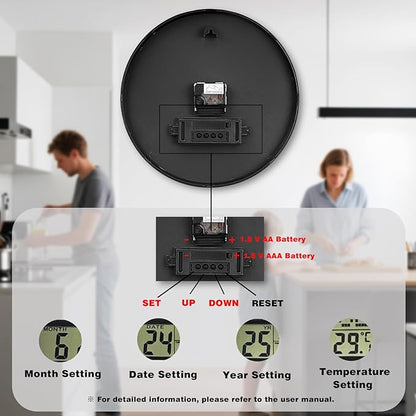 AKCISOT Wall Clock 12 Inch, Non-Ticking Silent Battery Operated Analog with LCD Display for Perpetual Calendar and Temperature, Ideal Modern Decor for Home, Bedroom, Kitchen, Office (Black)