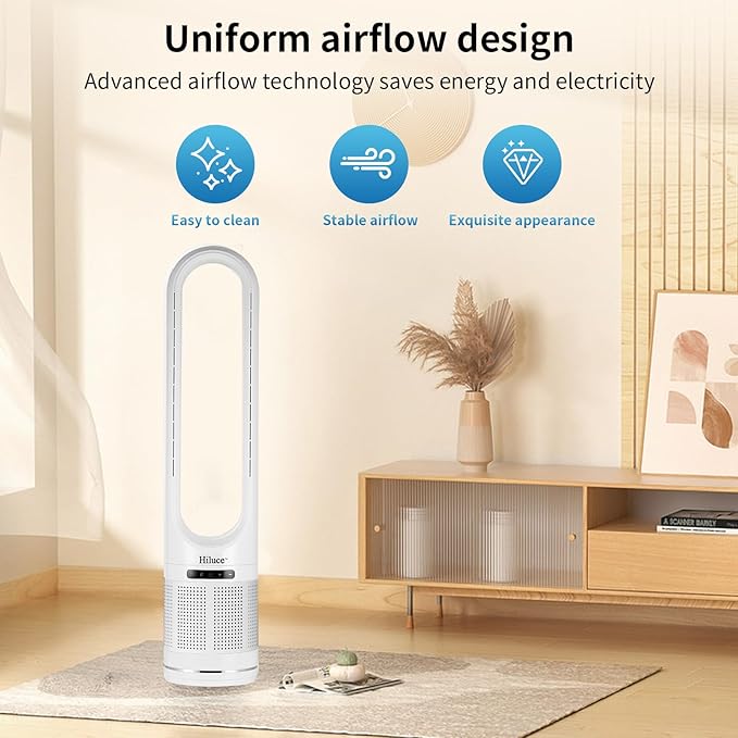 Hiluce 3-in-1 Bladeless Fan with Air Purifier,Indoor Heater,Fan and Heater Combo HEPA Filter,Tip-Over Switch,26ft/s Quiet Tower Fans,80°Oscillating, 8 Speeds, 9H Timer, 32 inch Large