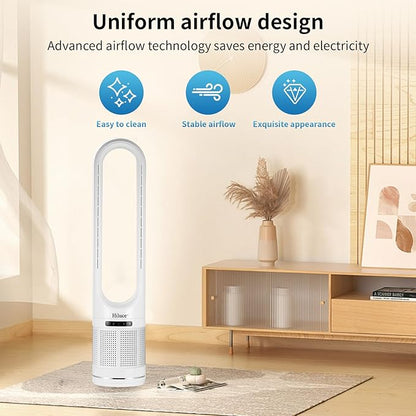 Hiluce 3-in-1 Bladeless Fan with Air Purifier,Indoor Heater,Fan and Heater Combo HEPA Filter,Tip-Over Switch,26ft/s Quiet Tower Fans,80°Oscillating, 8 Speeds, 9H Timer, 32 inch Large
