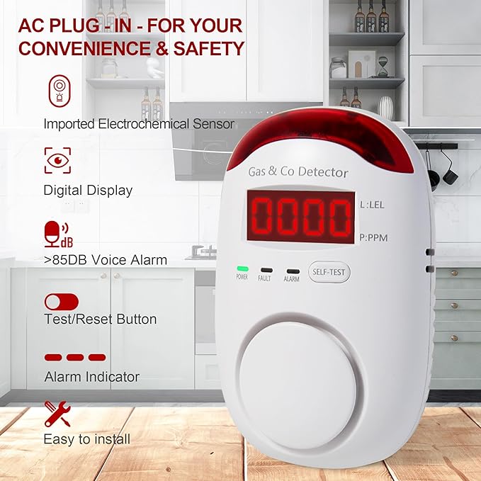 Combination Gas & Carbon Monoxide Detectors - Koabbit Plug in Carbon Monoxide Detector,Propane, Natural,Methane, Explosive Gas Detector Alarm & CO Detector Alarm for Home,Easy to Read