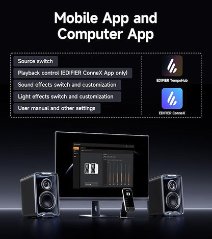 Edifier QR30 2.0 Desktop Active Speaker, Compact Bluetooth V5.4 Computer Speakers, Wireless Bookshelf Speaker, 30W (RMS), 3.5mm AUX & USB-A Wired Input, Dynamic Light Effects, App Control, Black