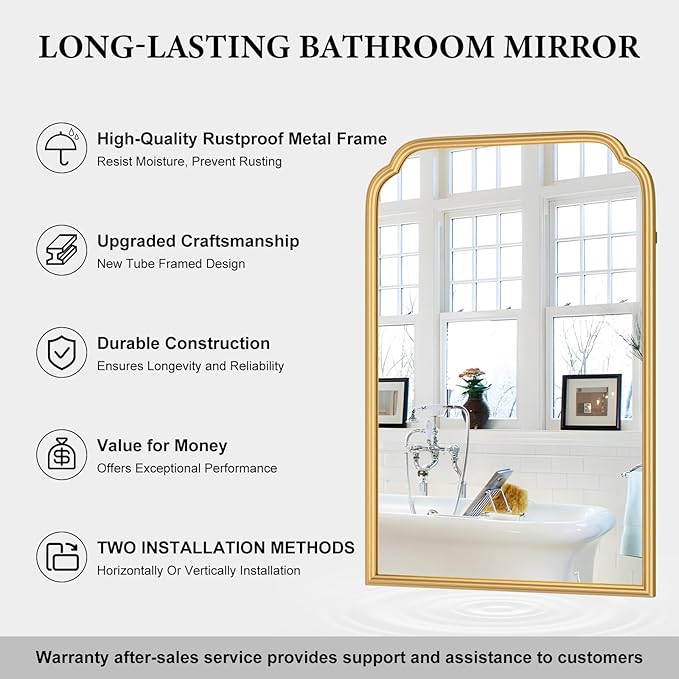20X30 Inch Gold Bathroom Mirror for Wall, Modern Rounded Corner Rectangle Mirror with Non-Rusting Iron Metal Framed Bathroom Vanity Mirror for Over Sink Wall Decor(Tempered Glass)