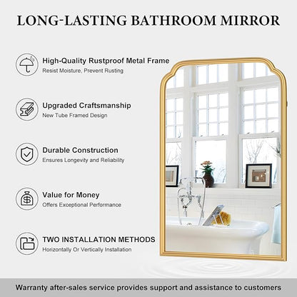 20X30 Inch Gold Bathroom Mirror for Wall, Modern Rounded Corner Rectangle Mirror with Non-Rusting Iron Metal Framed Bathroom Vanity Mirror for Over Sink Wall Decor(Tempered Glass)