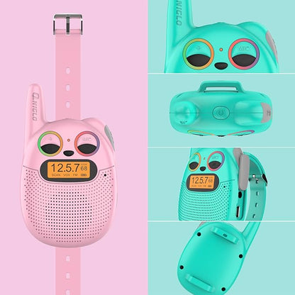 Qniglo Walkie Talkies for Kids Rechargeable 2 Pack, Wrist Watch Walkie Talkies with FM Handheld, Wearable Lanyard for Outdoor Camping Games & Birthday Xmas Toys Gifts for Boys Girls