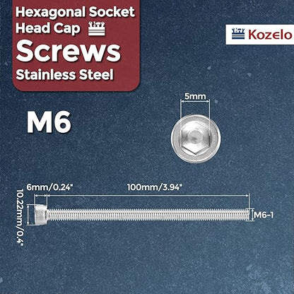 Kozelo 25pcs Socket Head Cap Screws - [M6-1 x 100mm] 304 Stainless Steel Allen Socket Drive for Electrical Motor 3D Printing Fan Engine Replacement Use, Silver