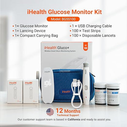 iHealth Gluco+ Wireless Smart Blood Glucose Monitor Kit with Free App, 100 Glucometer Strips, 100 Lancets, 1 Blood Sugar Monitor, 1 Lancing Device, Portable Diabetes Testing Kit for Home Use