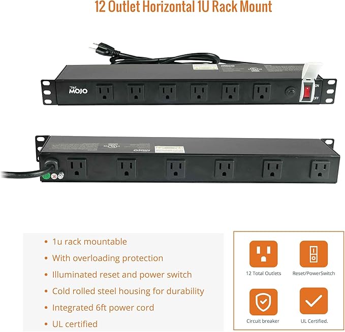 Tecmojo 1U Rackmount Network-Grade PDU Power Strip, 12 Wide-Spaced Right Angle Outlets, Circuit Breaker 12A (UL Certified 12A) 6ft Cord w/ 5-15P Plug, Black