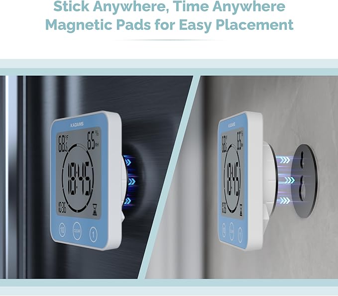 KADAMS Shower Clock Waterproof Bathroom Timer – Digital Wall Clock with Countdown, Magnetic Kitchen Clock with Temperature & Humidity, Suction Cup for Kids Shower Spa Sauna Cook Bath, Blue