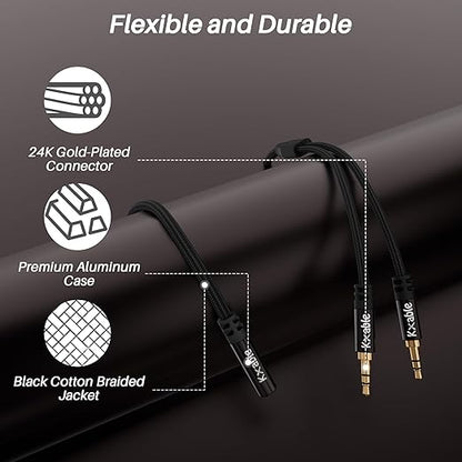 Kxable 1/8 Inch TRS Stereo Y Splitter Cable 3FT, 3.5mm Female to 2-Male Y-Splitter Stereo Audio Cable, for Cell Phone PC Laptop, Speaker, Headphones, Suitable for Switching or Two Sets of Speakers