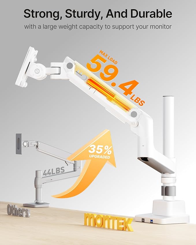 monTEK Heavy-Duty Single Monitor Arm for 17-57 inch, up to 59.4lbs Ultrawide Screens,Gas Spring Dual Curved Adjustable Monitor Stand for Desk,75/100mm VESA Mount with USB，White