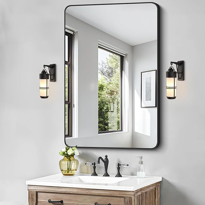 FORBATH Black Bathroom Mirror, Rectangular Vanity Mirror 30 x 48 Inch Wall Rounded Corner Metal Framed Bathroom Mirror for Living Room Bedroom Entryway Decor (Horizontal/Vertical)