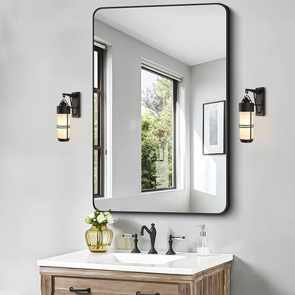 FORBATH Black Bathroom Mirror, Rectangular Vanity Mirror 30 x 48 Inch Wall Rounded Corner Metal Framed Bathroom Mirror for Living Room Bedroom Entryway Decor (Horizontal/Vertical)