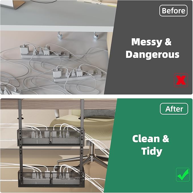 Multi-Model Under Desk Cable Management 2 Pack Metal Under Desk Wire Management Tray Clamp Mount Under Table Cord Management No Damage The Desk