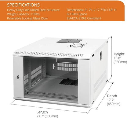 Tecmojo 6U Wall Mount Rack Network Cabinet for 19" IT Equipment,with Lockable Glass Door and Side Panels,Cooling Fan,17.7inch Depth,White