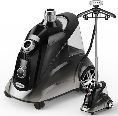 Steamer for Clothes, Jenaely 1500W Standing Garment Steamers, 35s Fast Heat-up, 80 Mins of Continuous Powerful Steam with 2.8L Water Tank, Pants Clip & Children's Clothing Hanger
