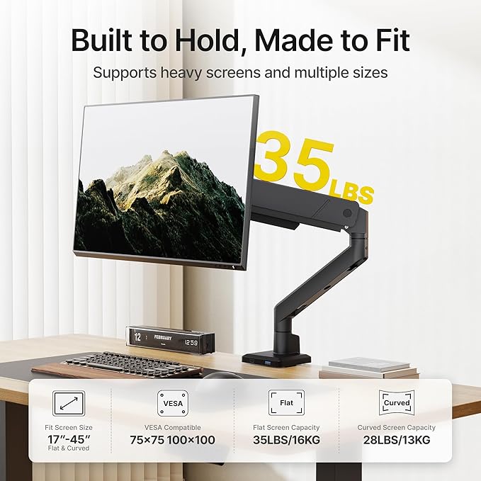 monTEK Single Monitor Arm with USB for Max 45 Inch Ultrawide Screens Adjustable Monitor Desk Mount Holds 35 Lbs Cable Management with C Clamp/Grommet Desk Mount, VESA 75/100mm, MA1007UCBK