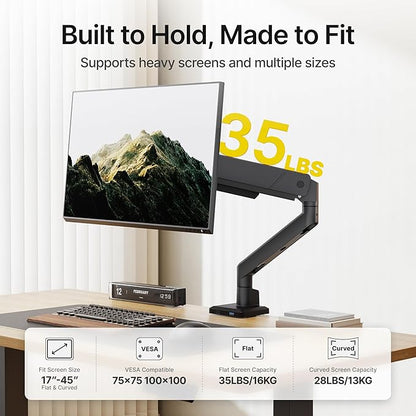 monTEK Single Monitor Arm with USB for Max 45 Inch Ultrawide Screens Adjustable Monitor Desk Mount Holds 35 Lbs Cable Management with C Clamp/Grommet Desk Mount, VESA 75/100mm, MA1007UCBK
